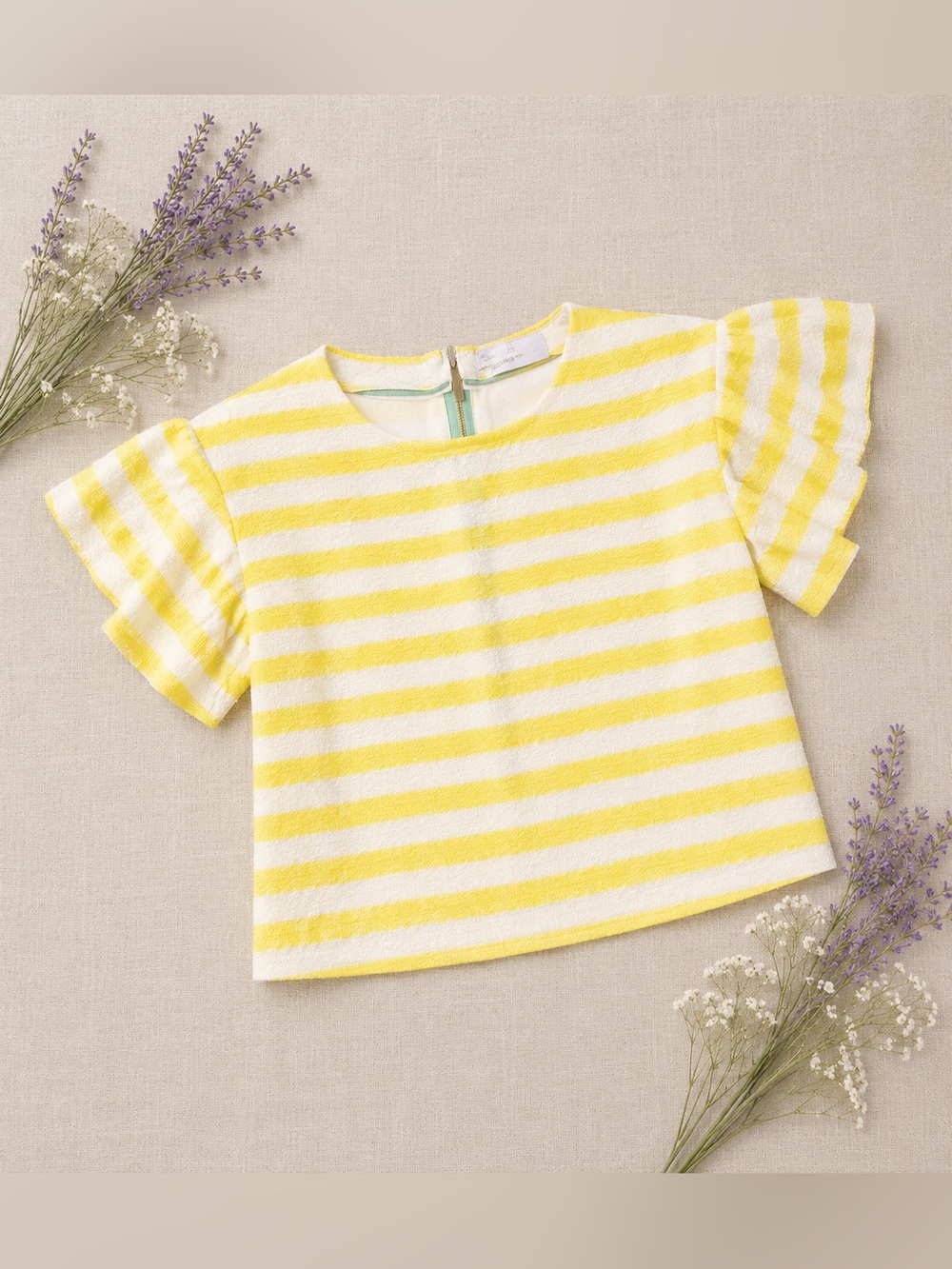 Anthropologie Postmark Yellow Striped Ruffle Sleeve Textured Top